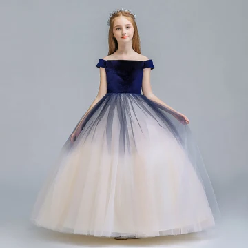 Chic Beautiful Navy Blue Champagne Gradient Color Suede Flower Girl Dresses 2019 A Line Princess Off The Shoulder Short Sleeve Floor Length Long Ruffle Backless Wedding Party Dresses