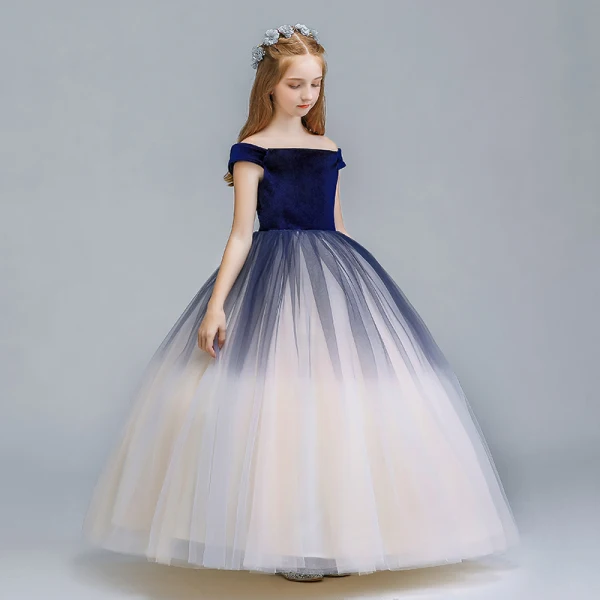 Chic / Beautiful Navy Blue Champagne Gradient-Color Suede Flower Girl Dresses 2019 A-Line / Princess Off-The-Shoulder Short Sleeve Floor-Length / Long Ruffle Backless Wedding Party Dresses