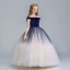 Chic / Beautiful Navy Blue Champagne Gradient-Color Suede Flower Girl Dresses 2019 A-Line / Princess Off-The-Shoulder Short Sleeve Floor-Length / Long Ruffle Backless Wedding Party Dresses