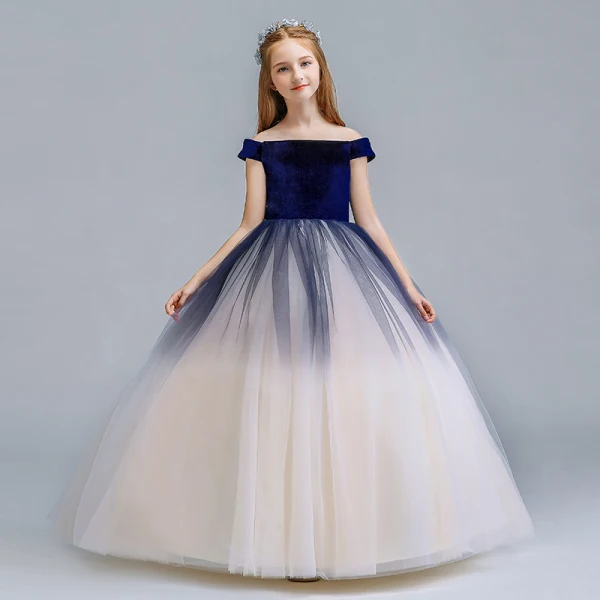 Chic / Beautiful Navy Blue Champagne Gradient-Color Suede Flower Girl Dresses 2019 A-Line / Princess Off-The-Shoulder Short Sleeve Floor-Length / Long Ruffle Backless Wedding Party Dresses