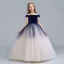 Chic / Beautiful Navy Blue Champagne Gradient-Color Suede Flower Girl Dresses 2019 A-Line / Princess Off-The-Shoulder Short Sleeve Floor-Length / Long Ruffle Backless Wedding Party Dresses