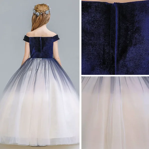 Chic / Beautiful Navy Blue Champagne Gradient-Color Suede Flower Girl Dresses 2019 A-Line / Princess Off-The-Shoulder Short Sleeve Floor-Length / Long Ruffle Backless Wedding Party Dresses