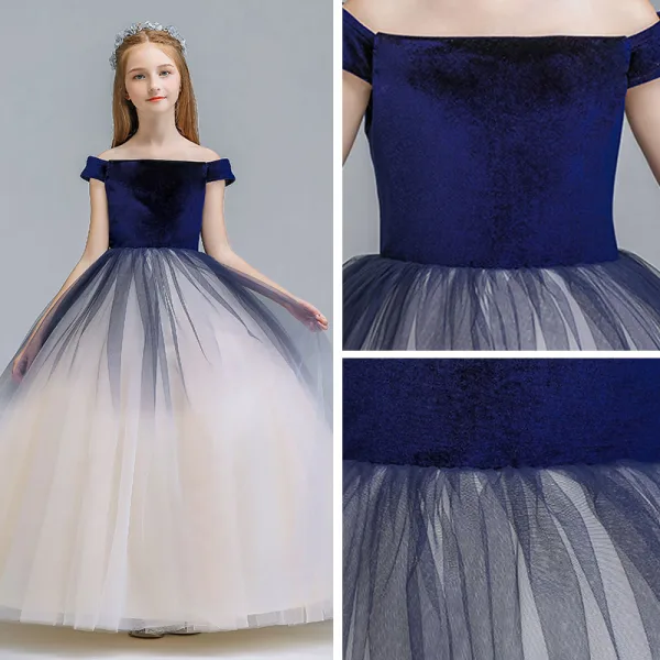 Chic / Beautiful Navy Blue Champagne Gradient-Color Suede Flower Girl Dresses 2019 A-Line / Princess Off-The-Shoulder Short Sleeve Floor-Length / Long Ruffle Backless Wedding Party Dresses