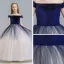 Chic / Beautiful Navy Blue Champagne Gradient-Color Suede Flower Girl Dresses 2019 A-Line / Princess Off-The-Shoulder Short Sleeve Floor-Length / Long Ruffle Backless Wedding Party Dresses