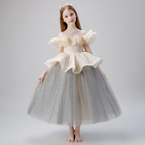 Élégant Champagne Gris Robe Ceremonie Fille 2019 Robe Boule Transparentes Encolure Dégagée Manches Courtes Glitter Tulle Longue Volants Robe Pour Mariage