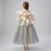 Elegant Champagne Grey Flower Girl Dresses 2019 Ball Gown See-through Scoop Neck Short Sleeve Glitter Tulle Floor-Length / Long Ruffle Wedding Party Dresses