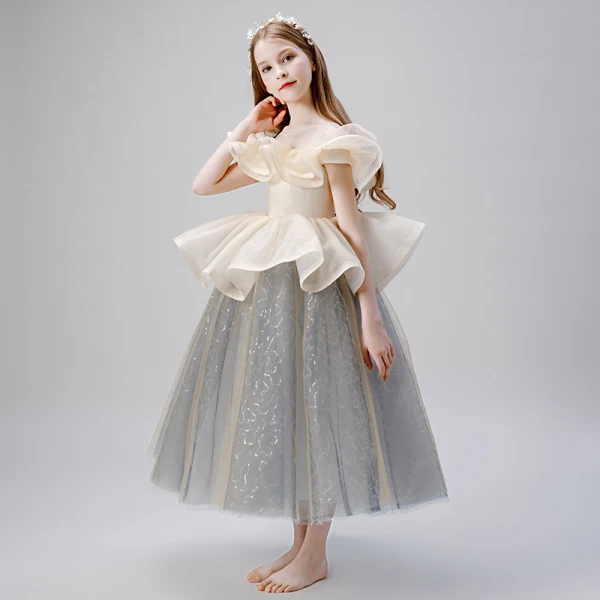 Elegant Champagne Grey Flower Girl Dresses 2019 Ball Gown See-through Scoop Neck Short Sleeve Glitter Tulle Floor-Length / Long Ruffle Wedding Party Dresses