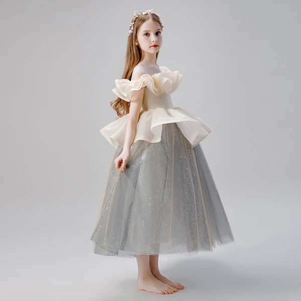 Elegant Champagne Grey Flower Girl Dresses 2019 Ball Gown See-through Scoop Neck Short Sleeve Glitter Tulle Floor-Length / Long Ruffle Wedding Party Dresses