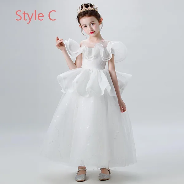 Elegant Champagne Grey Flower Girl Dresses 2019 Ball Gown See-through Scoop Neck Short Sleeve Glitter Tulle Floor-Length / Long Ruffle Wedding Party Dresses