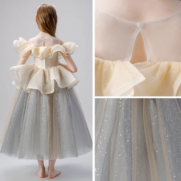 Elegant Champagne Grey Flower Girl Dresses 2019 Ball Gown See-through Scoop Neck Short Sleeve Glitter Tulle Floor-Length / Long Ruffle Wedding Party Dresses