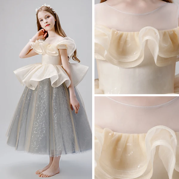 Elegant Champagne Grey Flower Girl Dresses 2019 Ball Gown See-through Scoop Neck Short Sleeve Glitter Tulle Floor-Length / Long Ruffle Wedding Party Dresses