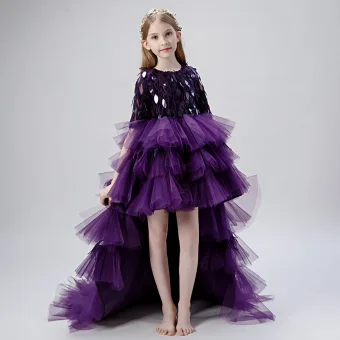 High Low Grape Flower Girl Dresses 2019 Ball Gown Scoop Neck 1 2 Sleeves Tassel Sequins Asymmetrical Cascading Ruffles Wedding Party Dresses
