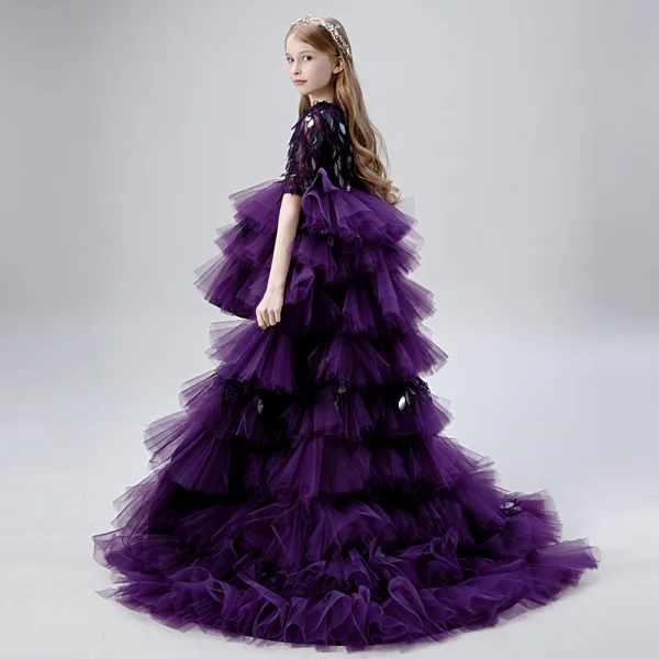 Haute Basse Grape Robe Ceremonie Fille 2019 Robe Boule Encolure Dégagée 1/2 Manches Gland Paillettes Asymétrique Volants en Cascade Robe Pour Mariage
