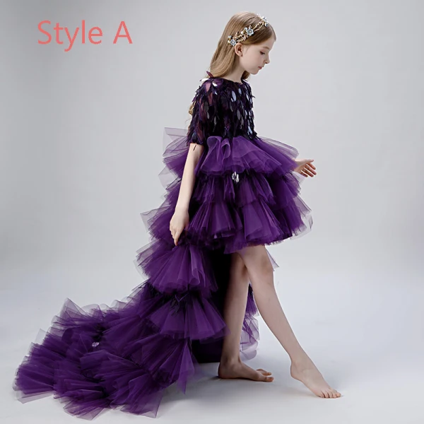 Haute Basse Grape Robe Ceremonie Fille 2019 Robe Boule Encolure Dégagée 1/2 Manches Gland Paillettes Asymétrique Volants en Cascade Robe Pour Mariage