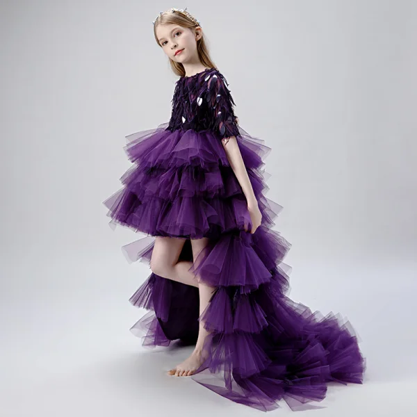 Haute Basse Grape Robe Ceremonie Fille 2019 Robe Boule Encolure Dégagée 1/2 Manches Gland Paillettes Asymétrique Volants en Cascade Robe Pour Mariage