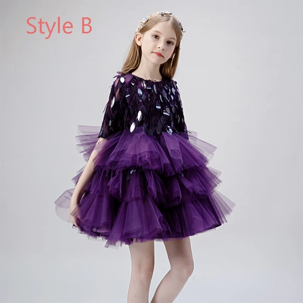 Haute Basse Grape Robe Ceremonie Fille 2019 Robe Boule Encolure Dégagée 1/2 Manches Gland Paillettes Asymétrique Volants en Cascade Robe Pour Mariage