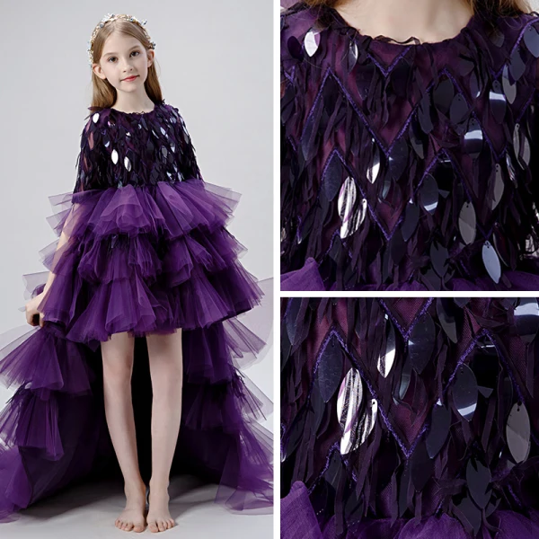 Haute Basse Grape Robe Ceremonie Fille 2019 Robe Boule Encolure Dégagée 1/2 Manches Gland Paillettes Asymétrique Volants en Cascade Robe Pour Mariage