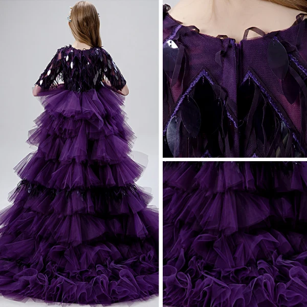 Haute Basse Grape Robe Ceremonie Fille 2019 Robe Boule Encolure Dégagée 1/2 Manches Gland Paillettes Asymétrique Volants en Cascade Robe Pour Mariage