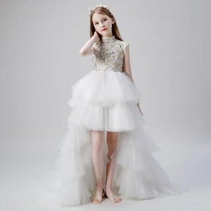 Vintage Hvit Blomsterpikekjoler 2019 Ballkjole Høy Hals Uten Ermer Appliques Blonder Beading Asymmetrisk Gripende Ruffles Kjoler Til Bryllup