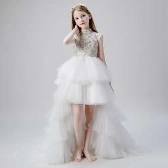 Vintage Retro White Flower Girl Dresses 2019 Ball Gown High Neck Sleeveless Appliques Lace Beading Asymmetrical Cascading Ruffles Wedding Party Dresses