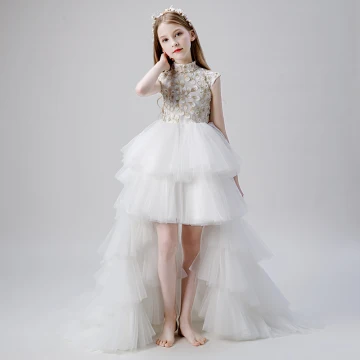 Vintage Witte Bloemenmeisjes Jurken 2019 Baljurk Hoge Kraag Mouwloos Appliques Kant Kralen Asymmetrisch Cascading Ruches Jurken Voor Bruiloft