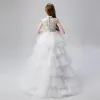 Vintage / Retro White Flower Girl Dresses 2019 Ball Gown High Neck Sleeveless Appliques Lace Beading Asymmetrical Cascading Ruffles Wedding Party Dresses