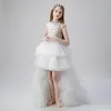 Vintage / Retro White Flower Girl Dresses 2019 Ball Gown High Neck Sleeveless Appliques Lace Beading Asymmetrical Cascading Ruffles Wedding Party Dresses