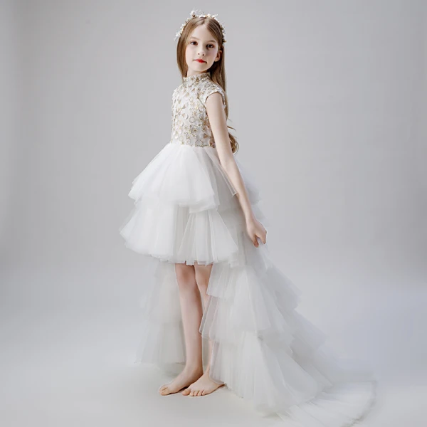 Vintage / Retro White Flower Girl Dresses 2019 Ball Gown High Neck Sleeveless Appliques Lace Beading Asymmetrical Cascading Ruffles Wedding Party Dresses