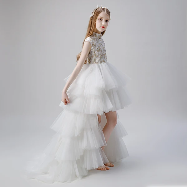Vintage / Retro White Flower Girl Dresses 2019 Ball Gown High Neck Sleeveless Appliques Lace Beading Asymmetrical Cascading Ruffles Wedding Party Dresses