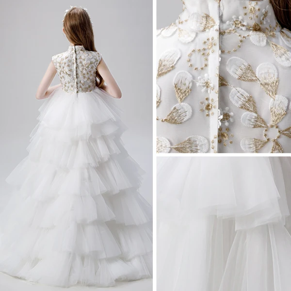 Vintage / Retro White Flower Girl Dresses 2019 Ball Gown High Neck Sleeveless Appliques Lace Beading Asymmetrical Cascading Ruffles Wedding Party Dresses