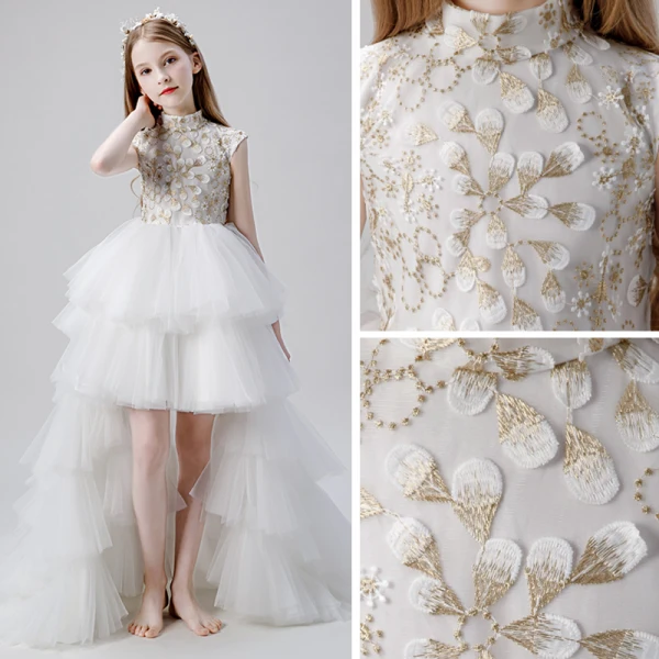 Vintage / Retro White Flower Girl Dresses 2019 Ball Gown High Neck Sleeveless Appliques Lace Beading Asymmetrical Cascading Ruffles Wedding Party Dresses