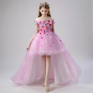 Flower Fairy Blushing Pink Flower Girl Dresses 2019 Ball Gown Off The Shoulder Short Sleeve Appliques Flower Pearl Glitter Tulle Asymmetrical Ruffle Backless Wedding Party Dresses