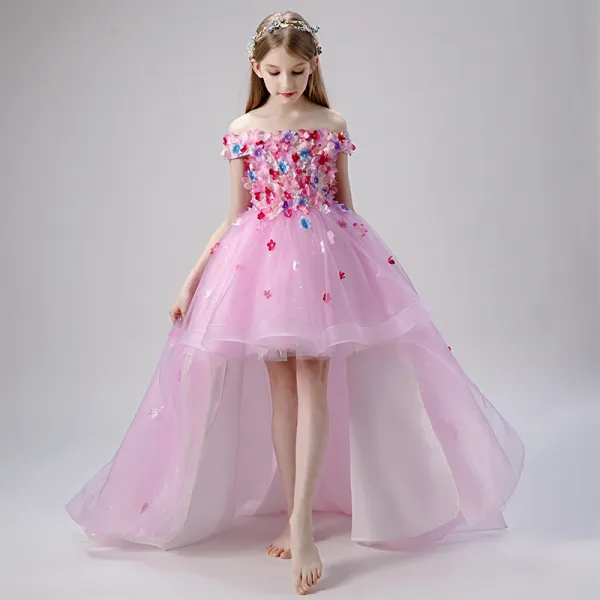 Flower Fairy Blushing Pink Flower Girl Dresses 2019 Ball Gown Off-The-Shoulder Short Sleeve Appliques Flower Pearl Glitter Tulle Asymmetrical Ruffle Backless Wedding Party Dresses