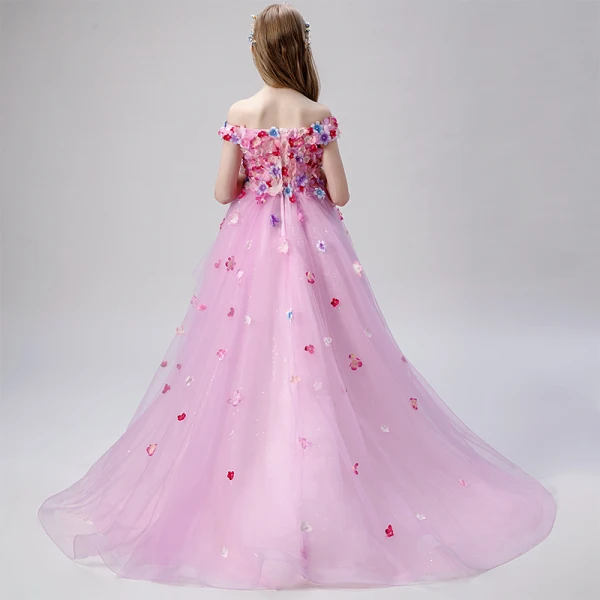 Flower Fairy Blushing Pink Flower Girl Dresses 2019 Ball Gown Off-The-Shoulder Short Sleeve Appliques Flower Pearl Glitter Tulle Asymmetrical Ruffle Backless Wedding Party Dresses