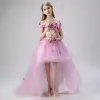 Flower Fairy Blushing Pink Flower Girl Dresses 2019 Ball Gown Off-The-Shoulder Short Sleeve Appliques Flower Pearl Glitter Tulle Asymmetrical Ruffle Backless Wedding Party Dresses