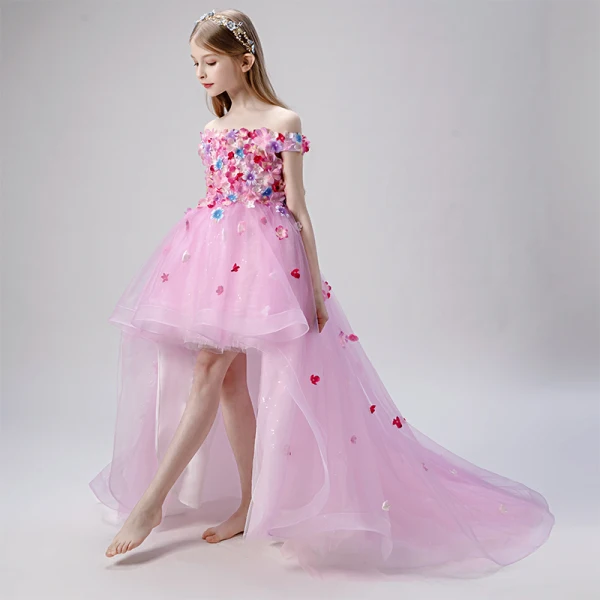 Flower Fairy Blushing Pink Flower Girl Dresses 2019 Ball Gown Off-The-Shoulder Short Sleeve Appliques Flower Pearl Glitter Tulle Asymmetrical Ruffle Backless Wedding Party Dresses