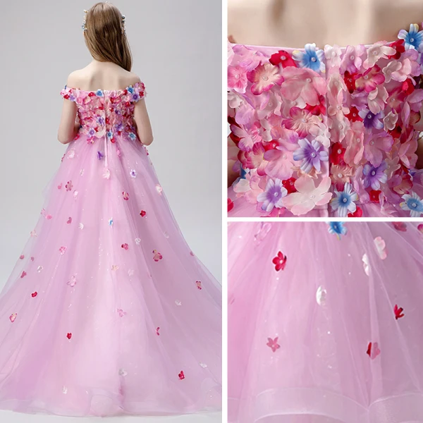 Flower Fairy Blushing Pink Flower Girl Dresses 2019 Ball Gown Off-The-Shoulder Short Sleeve Appliques Flower Pearl Glitter Tulle Asymmetrical Ruffle Backless Wedding Party Dresses