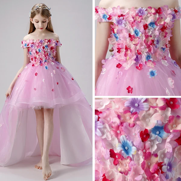 Flower Fairy Blushing Pink Flower Girl Dresses 2019 Ball Gown Off-The-Shoulder Short Sleeve Appliques Flower Pearl Glitter Tulle Asymmetrical Ruffle Backless Wedding Party Dresses