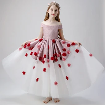 Fée Des Fleurs Rougissant Rose Blanche Robe Ceremonie Fille 2019 Robe Boule De L 039 Épaule Manches Courtes Glitter Polyester Appliques Fleur Longue Volants Dos Nu Robe Pour Mariage