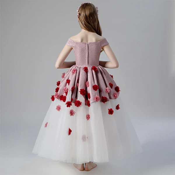 Flower Fairy Blushing Pink White Flower Girl Dresses 2019 Ball Gown Off-The-Shoulder Short Sleeve Glitter Polyester Appliques Flower Floor-Length / Long Ruffle Backless Wedding Party Dresses