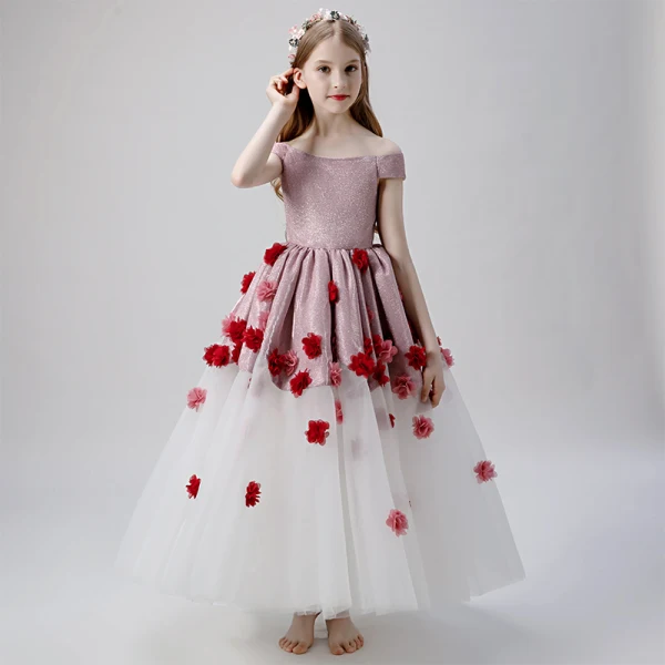 Flower Fairy Blushing Pink White Flower Girl Dresses 2019 Ball Gown Off-The-Shoulder Short Sleeve Glitter Polyester Appliques Flower Floor-Length / Long Ruffle Backless Wedding Party Dresses