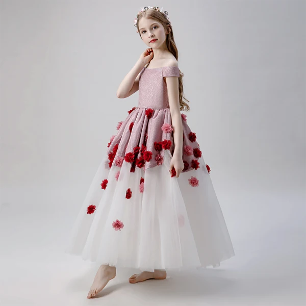 Flower Fairy Blushing Pink White Flower Girl Dresses 2019 Ball Gown Off-The-Shoulder Short Sleeve Glitter Polyester Appliques Flower Floor-Length / Long Ruffle Backless Wedding Party Dresses
