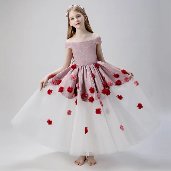 Flower Fairy Blushing Pink White Flower Girl Dresses 2019 Ball Gown Off-The-Shoulder Short Sleeve Glitter Polyester Appliques Flower Floor-Length / Long Ruffle Backless Wedding Party Dresses