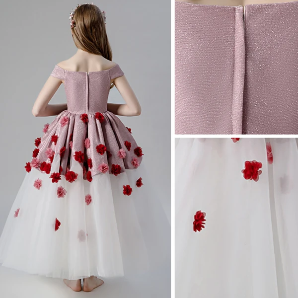 Flower Fairy Blushing Pink White Flower Girl Dresses 2019 Ball Gown Off-The-Shoulder Short Sleeve Glitter Polyester Appliques Flower Floor-Length / Long Ruffle Backless Wedding Party Dresses