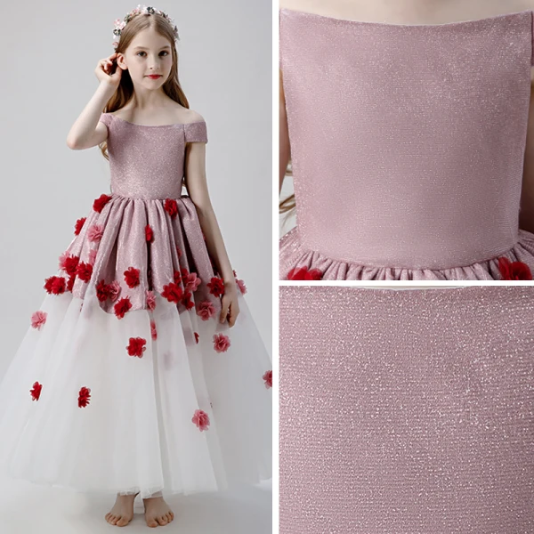 Flower Fairy Blushing Pink White Flower Girl Dresses 2019 Ball Gown Off-The-Shoulder Short Sleeve Glitter Polyester Appliques Flower Floor-Length / Long Ruffle Backless Wedding Party Dresses