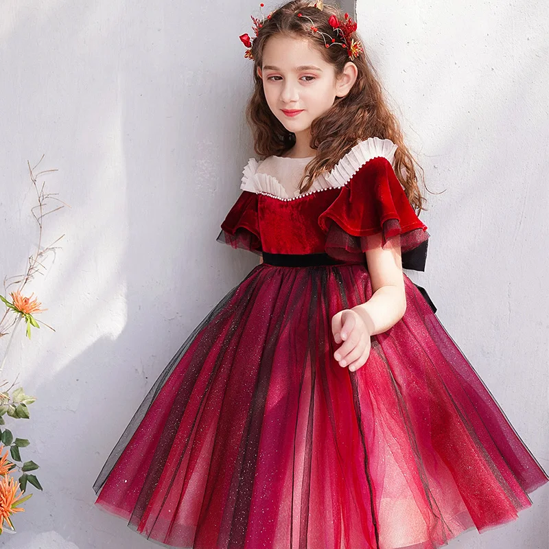 blue dress for baby girl Burgundy Velvet Tulle A-Line Flower Girl Dress Puff Sleeve | Burgundy / 2-3 Years (100cm) main image 1