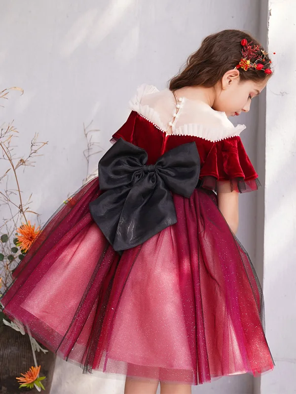 Chic / Beautiful Burgundy Flower Girl Dresses 2019 Ball Gown Scoop Neck Short Sleeve Bow Glitter Tulle Short Ruffle Wedding Party Dresses