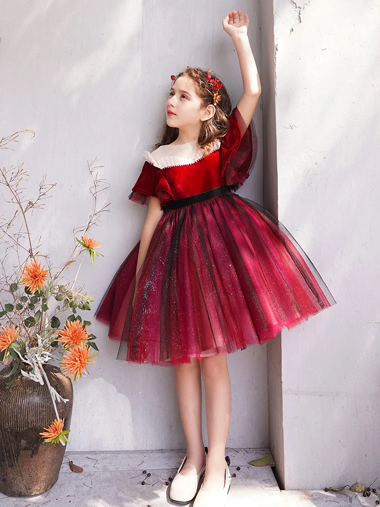 Chic Beautiful Burgundy Flower Girl Dresses 2019 Ball Gown Scoop Neck Short  Sleeve Bow Glitter Tulle Short Ruffle Wedding Party Dresses