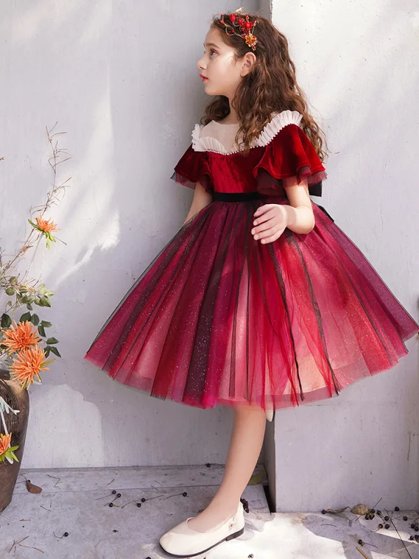 Chic / Beautiful Burgundy Flower Girl Dresses 2019 Ball Gown Scoop Neck Short Sleeve Bow Glitter Tulle Short Ruffle Wedding Party Dresses