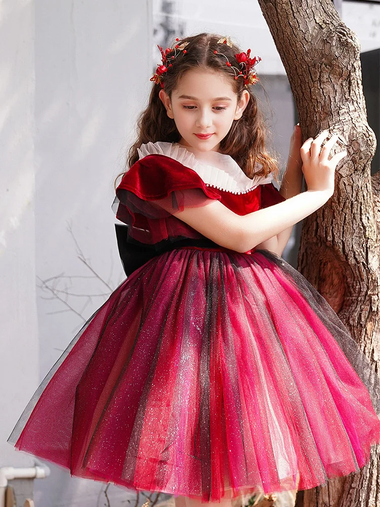 Chic Beautiful Burgundy Flower Girl Dresses 2019 Ball Gown Scoop Neck Short  Sleeve Bow Glitter Tulle Short Ruffle Wedding Party Dresses